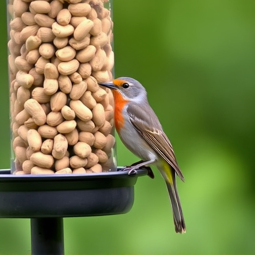 Robin perched near peanut-filled feeder