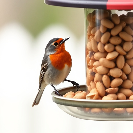 Robin perched near peanut-filled feeder
