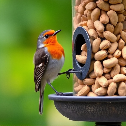 Robin perched near peanut-filled feeder
