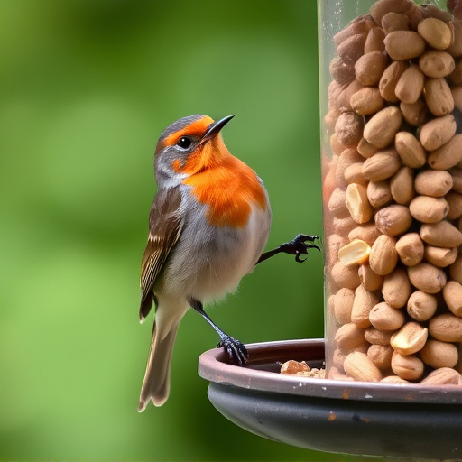 Robin perched near peanut-filled feeder
