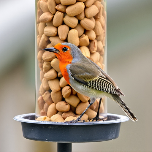 Robin perched near peanut-filled feeder