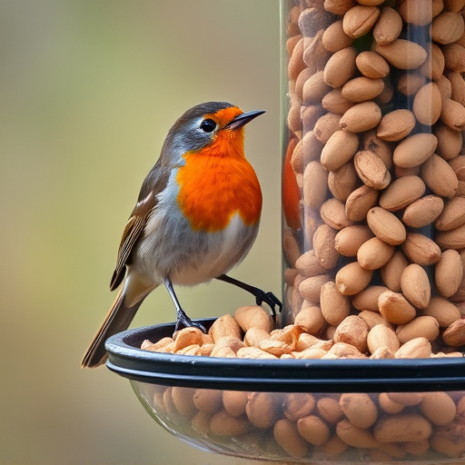 Robin perched near peanut-filled feeder