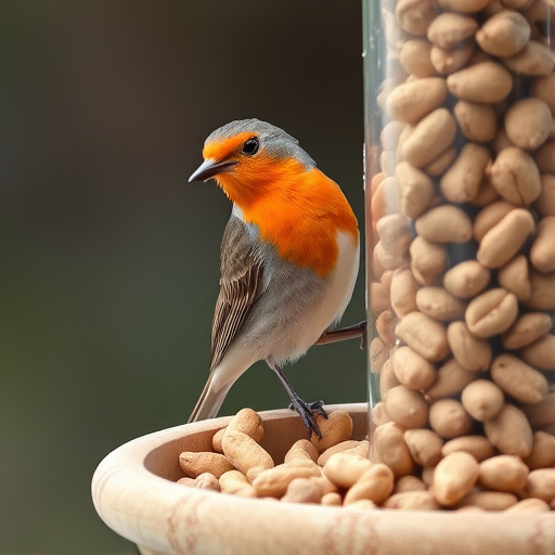 Robin perched near peanut-filled feeder