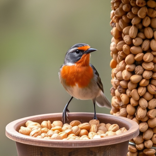 Robin perched near peanut-filled feeder