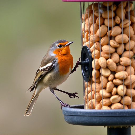 Robin perched near peanut-filled feeder