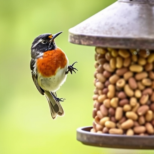 Robin perched near peanut-filled feeder