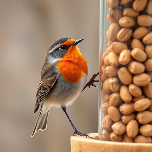 Robin perched near peanut-filled feeder