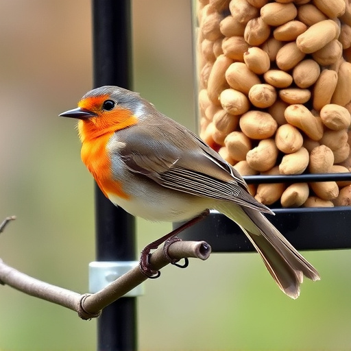 Robin perched near peanut-filled feeder