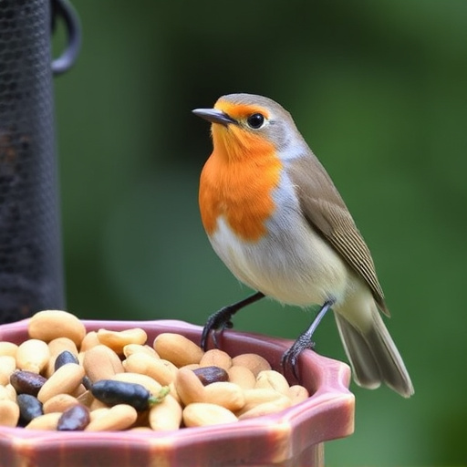 Robin perched near peanut-filled feeder