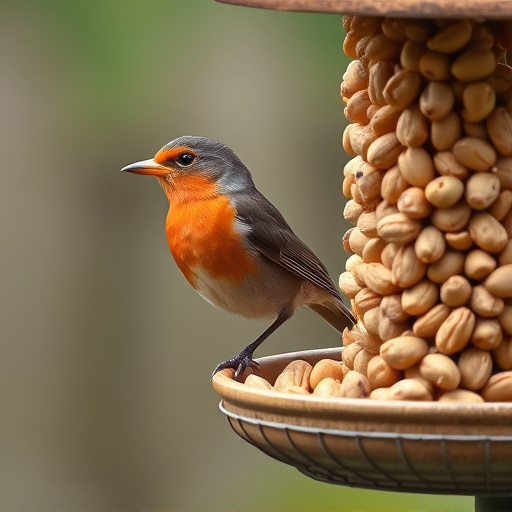 Robin perched near peanut-filled feeder