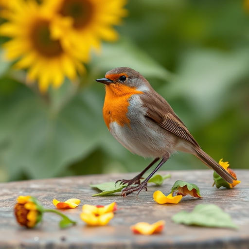 Robin perched near sunflower hearts on table