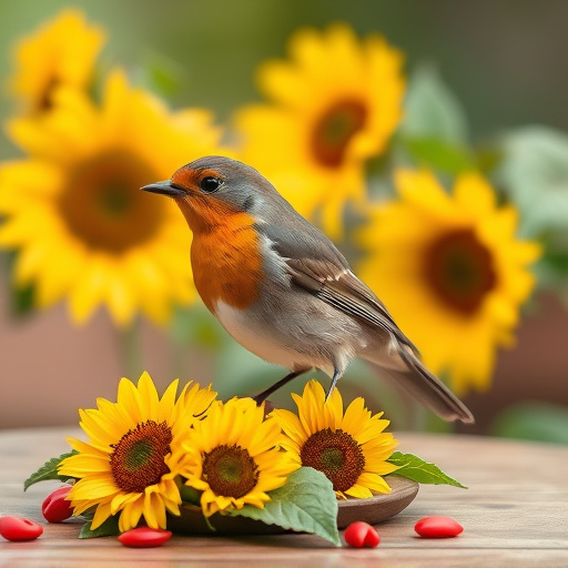 Robin perched near sunflower hearts on table