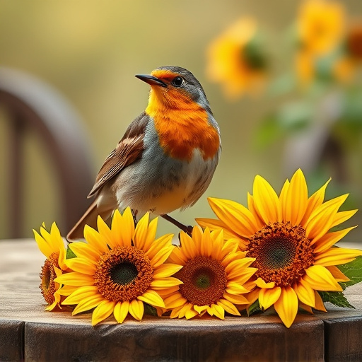 Robin perched near sunflower hearts on table