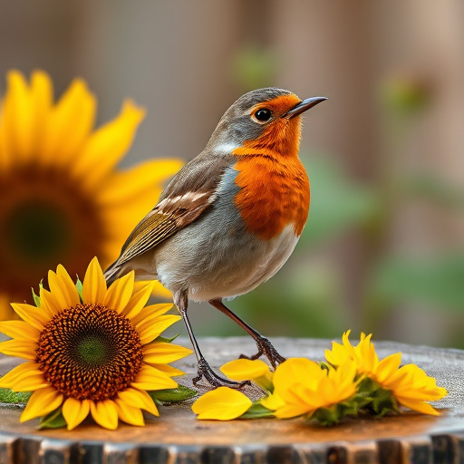 Robin perched near sunflower hearts on table