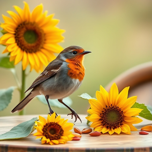 Robin perched near sunflower hearts on table