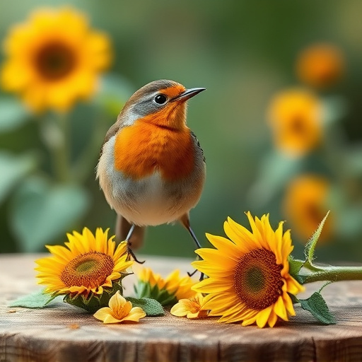 Robin perched near sunflower hearts on table