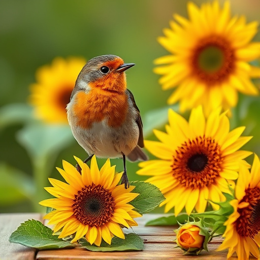 Robin perched near sunflower hearts on table