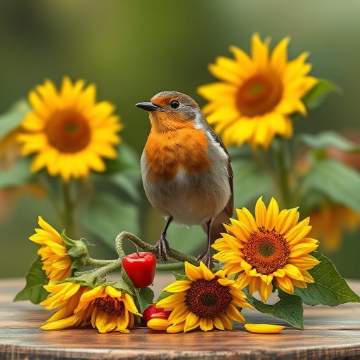Robin perched near sunflower hearts on table