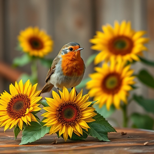 Robin perched near sunflower hearts on table