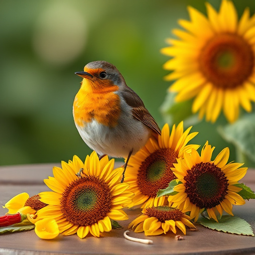 Robin perched near sunflower hearts on table