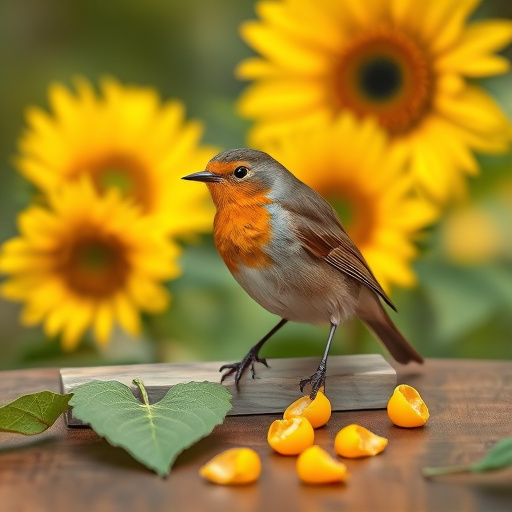 Robin perched near sunflower hearts on table