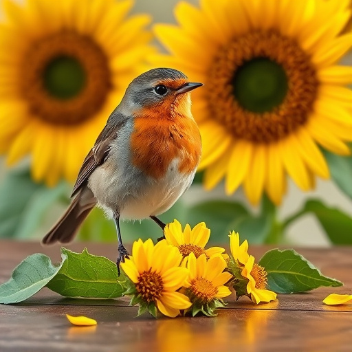 Robin perched near sunflower hearts on table