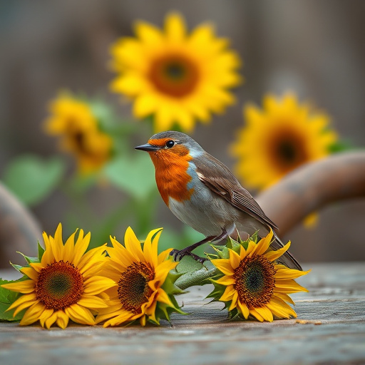 Robin perched near sunflower hearts on table