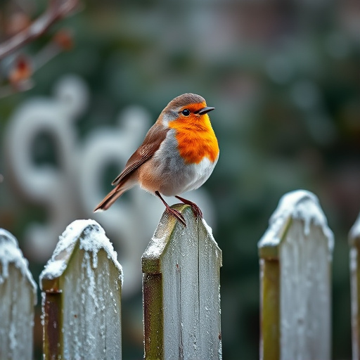Robin perched on frosty garden fence