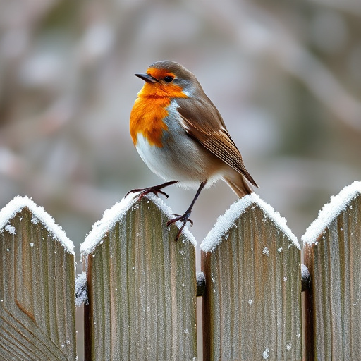 Robin perched on frosty garden fence
