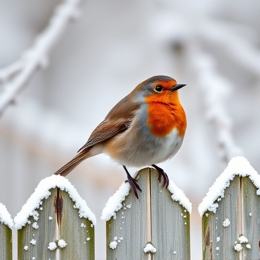 Robin perched on frosty garden fence