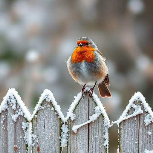 Robin perched on frosty garden fence
