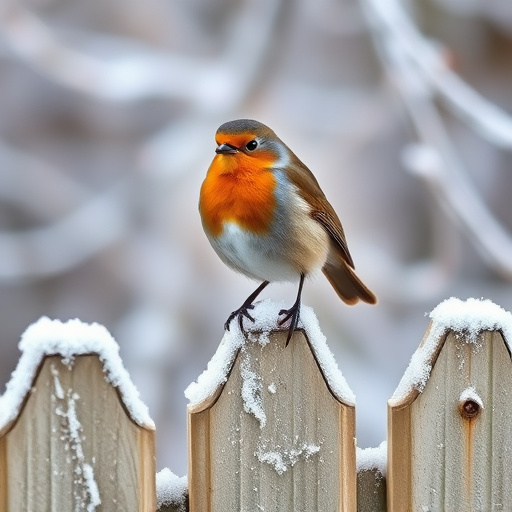 Robin perched on frosty garden fence