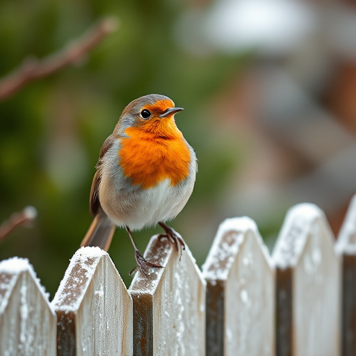 Robin perched on frosty garden fence