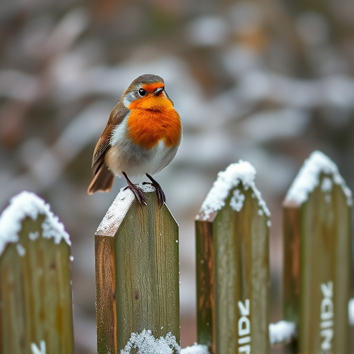 Robin perched on frosty garden fence