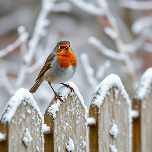 Robin perched on frosty garden fence