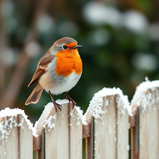 Robin perched on frosty garden fence