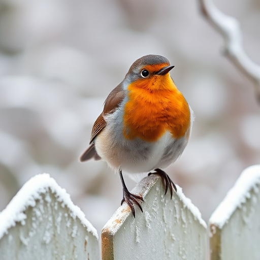 Robin perched on frosty garden fence