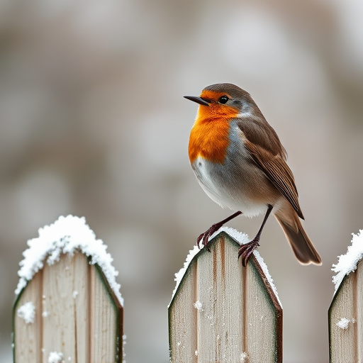 Robin perched on frosty garden fence