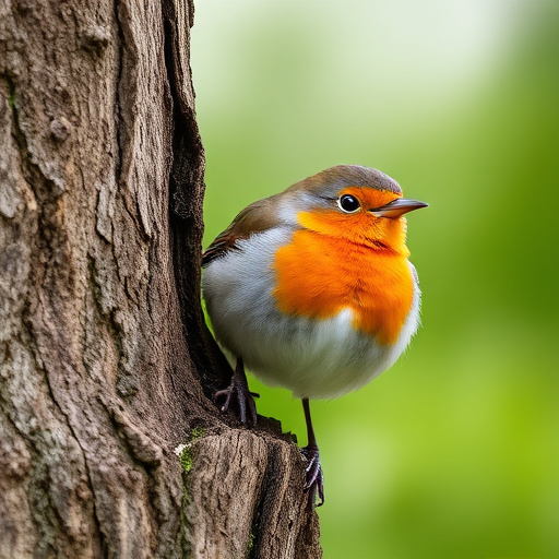 Robin resting near tree trunk
