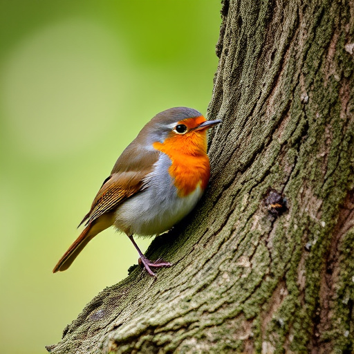 Robin resting near tree trunk