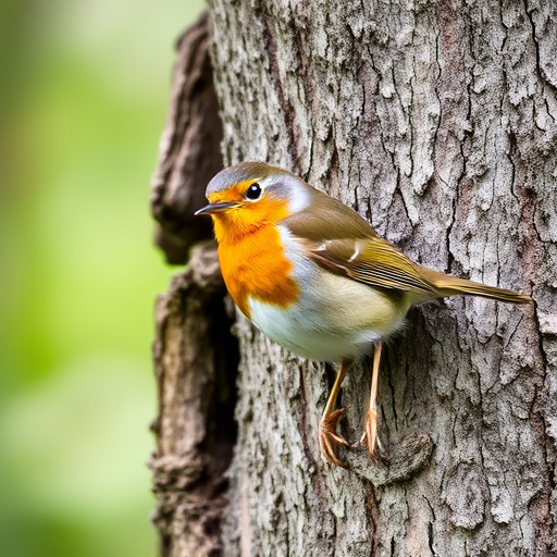 Robin resting near tree trunk