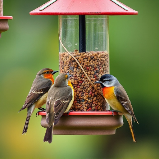 Robins and tits eating from hanging feeder