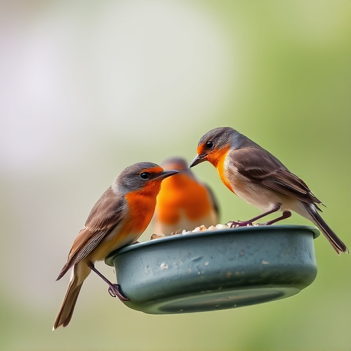Robins and tits eating from hanging feeder
