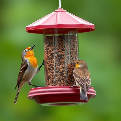Robins and tits eating from hanging feeder