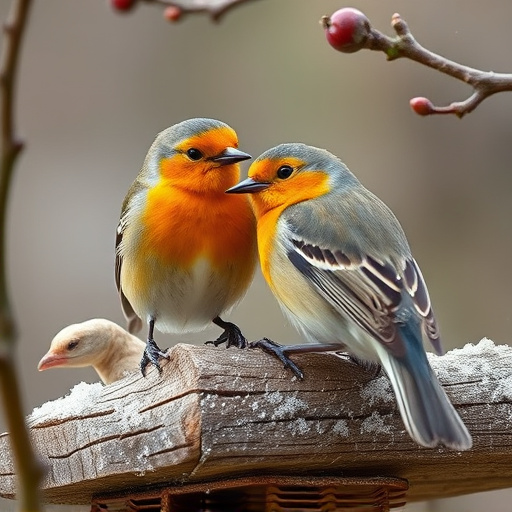 Robins and tits pecking suet pieces