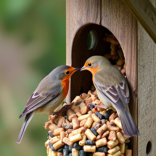 Robins eating from suet pellet pile