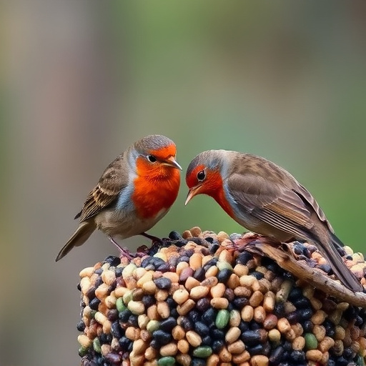 Robins eating from suet pellet pile