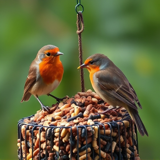 Robins eating from suet pellet pile