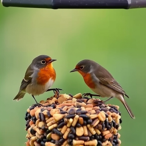 Robins eating from suet pellet pile