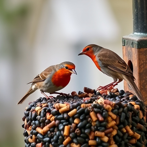 Robins eating from suet pellet pile